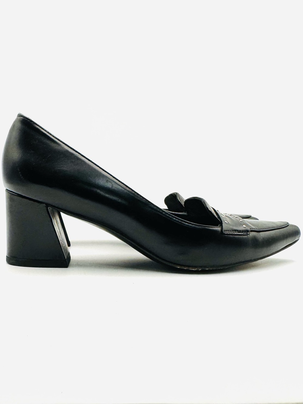 Stuart Weitzman Black Patent Leather Studded Point Toe Loafer Block Heel Pumps